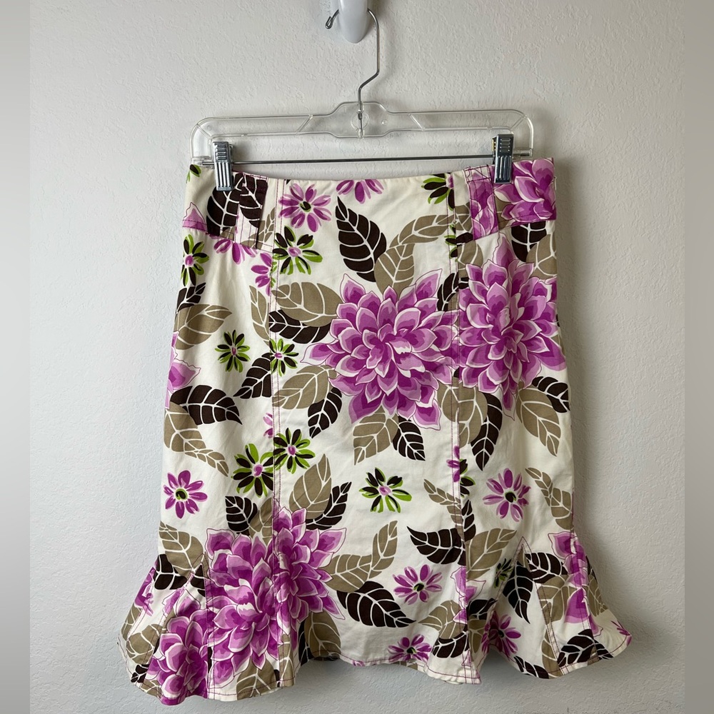 Etcetera Purple Green Floral Ruffle Cotton Spandex Pemcil Skirt Office Summer